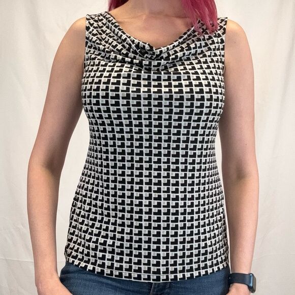 Liz Claiborne Women's Cowl Neck Sleeveless Blouse White Black Tan M Med Medium - Picture 1 of 10
